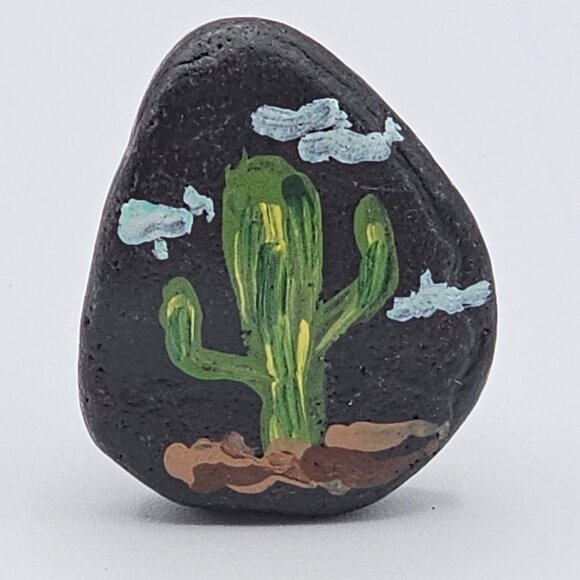 Artisan Folk Art Handpainted Stone Rock Earring Brooch Set Jewelry Black Cactus - Picture 4 of 16